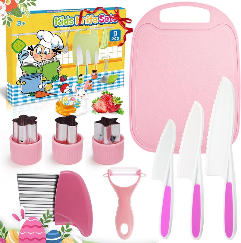 Windidi 9 Pcs Kids Safe Knife Set for Real Cooking, Kids Kitchen Knife Set with Cutting Board,Crinkle Cutter,Sandwich Cutter, Montessori Kitchen Tools for Toddlers Kid 3-10 Years Old Girl Boy Birthday Gifts - Image 1